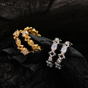 Irregular lava texture S925 sterling silver ear cuffs with opal stones in gold and silver