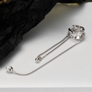 S925 sterling silver hollow star ear cuff with hanging pearl chains on white background