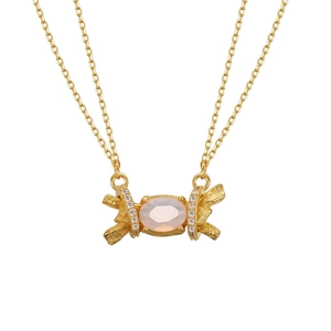 S925 silver candy pendant necklace with pink oval stone and zircon accents in gold finish