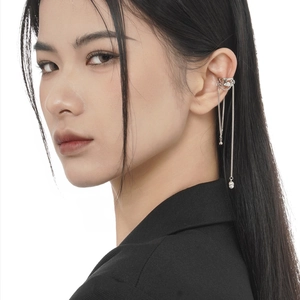 S925 sterling silver hollow chain ear cuff with long tassel beads for women