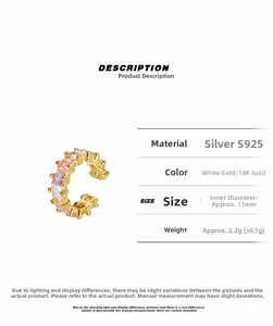 Tableau des tailles détaillé pour ear cuff en argent S925 avec zircons colorés