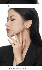 Detail of S925 sterling silver jewelry set featuring dark cyan gemstone earrings and ring