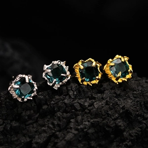 S925 Sterling Silver Square Rhinestone Stud Earrings For Women Handcrafted Lava Texture Irregular Minimalist Gemstone Jewelry