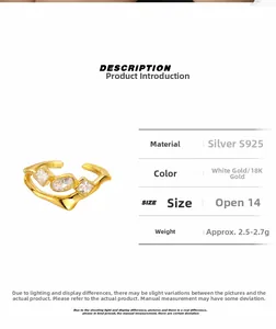 Detail view of gold S925 silver wavy ring with geometric zircon inlays and sizing specs