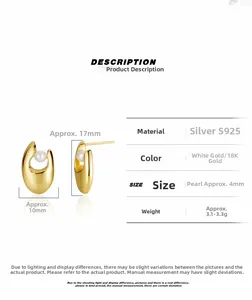 Details zu S925 Silber U-Ohrringen mit Perlen, 17mm Höhe und 4mm Perlendurchmesser
