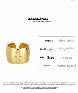 Detailed spec sheet showing S925 silver starburst ring with cubic zirconia in gold finish