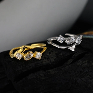 Minimalist 925 Sterling Silver Adjustable Open Ring Women Irregular Line Zirconia Inlaid Gold Silver Jewelry Finger Ring