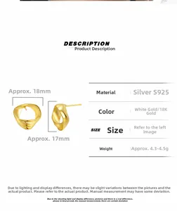 Détails des boucles d'oreilles ondulées en argent S925 plaqué or 18K et dimensions