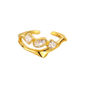 Minimalist S925 sterling silver open ring with irregular lines and zircon stones