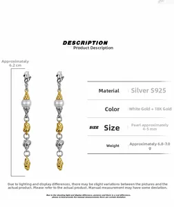 Detailed specs for S925 silver two-tone long baroque pearl earrings, 6.2cm length