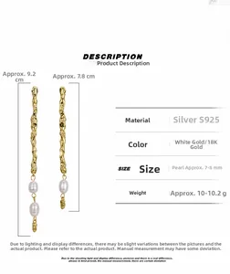 Detail showing asymmetrical freshwater pearl earrings with textured gold wave bars in S925 silver