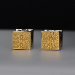 Minimalist S925 sterling silver square hoop earrings with embossed gold scroll pattern