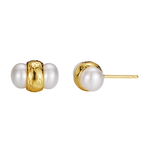 S925 silver freshwater pearl earrings with textured gold metal and irregular hammer finish