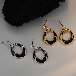 Boucles d'Oreilles Clous en Argent Sterling 925 Anneaux Irréguliers Émail à Goutte Minimaliste Artistique Noir Glaçure Bijoux Femme