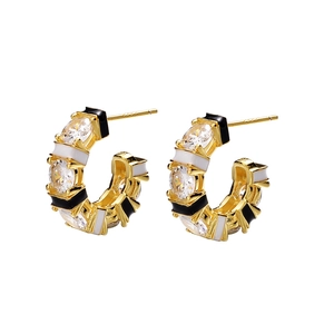 Luxury C-shaped gold-plated hoop earrings with zircon stones and black white enamel inlay