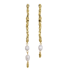 Gold asymmetrical textured drop earrings with natural freshwater pearls on a white background