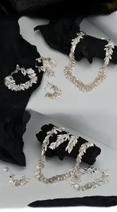 Detailed view of S925 sterling silver leaf jewelry set with necklace and earrings