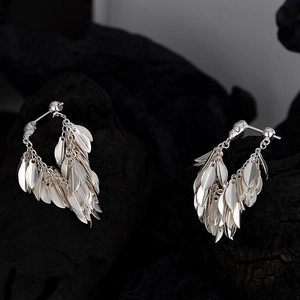 S925 sterling silver leaf tassel drop earrings with dangling fan-shaped fringe design