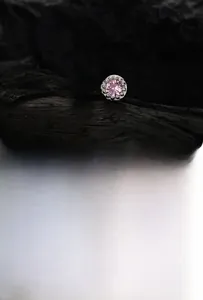 Detail of S925 silver stud earrings with pink, clear, and blue zircons in crown setting