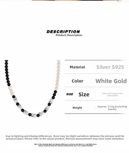 Détail macro du collier en argent S925 avec obsidienne, perles et dimensions