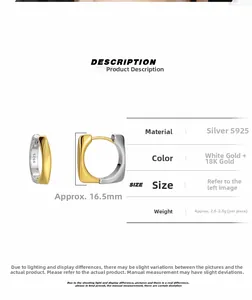 Detail view of two-tone S925 sterling silver square hoop earrings with 18K gold plating