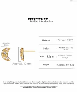 Detail specifications of S925 silver moon stud earrings with colorful gemstones