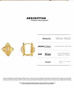 Detailed spec sheet showing S925 silver clover earrings with 12mm inner diameter