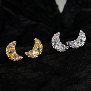 S925 Sterling Silver Irregular Moon Stud Earrings With Colorful Rhinestones Sweet Cool Style Korean Hammered Texture Jewelry For Women