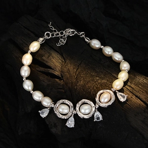 925 Sterling Silver Baroque Artificial Pearl Bracelet For Women Inlaid Rhinestone French Vintage Luxury Jewelry Party Gift