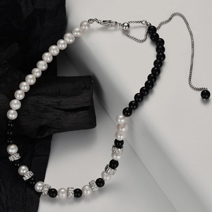 Collier en Argent Sterling 925 Perles d'Eau Douce Avec Perles d'Obsidienne Noire Ajustable Rétro Luxe Bijoux pour Femmes