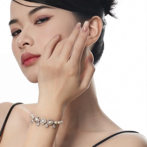 Handmade S925 silver Baroque pearl bracelet with hollow diamond charms and drop pendant