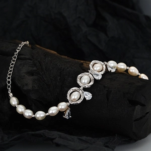 S925 sterling silver baroque pearl bracelet with pear-cut zircon and adjustable chain