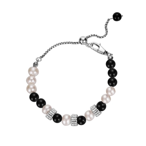 S925 silver obsidian and freshwater pearl adjustable bracelet with sliding bead closure