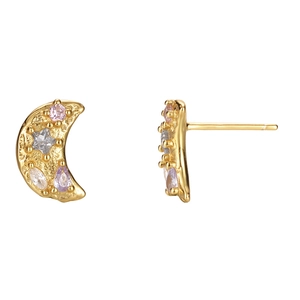 S925 sterling silver crescent moon stud earrings with colorful zirconia gemstones