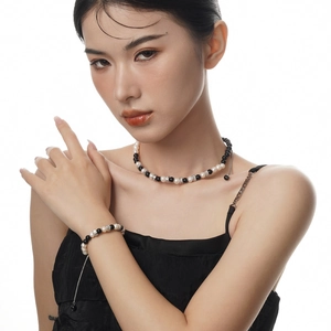 Parure collier en obsidienne et bracelet en perles d'eau douce en argent S925