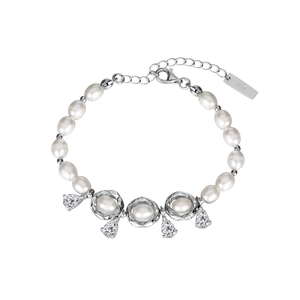 S925 sterling silver Baroque pearl bracelet with cubic zirconia charms on white background