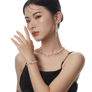 Elegant S925 silver pearl jewelry set with necklace, bracelet and tassel earrings
