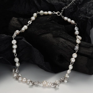 Handmade S925 sterling silver baroque pearl necklace with sparkling zircon accents