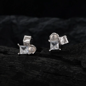 S925 sterling silver geometric earrings with square zircon and opal stones on charcoal base