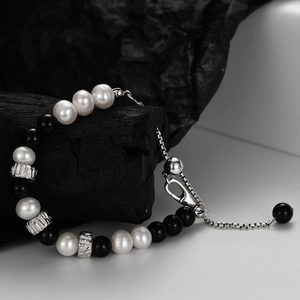 Luxury S925 Sterling Silver Beaded Bracelet Freshwater Pearl Obsidian Stone Niche Designer Jewelry For Women Adjustable