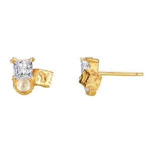 Irregular textured gold S925 silver stud earrings with square zircon and white pearl accents