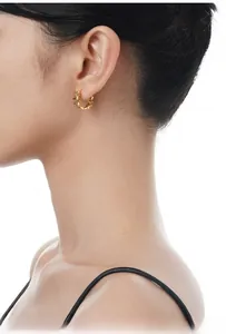 Close-up of gold star hoop earrings with sparkling cubic zirconia on a female model
