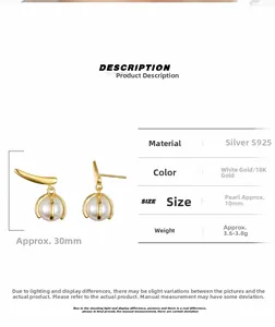 Detailed size parameters of 10mm pearl drop earrings with S925 silver leaf design