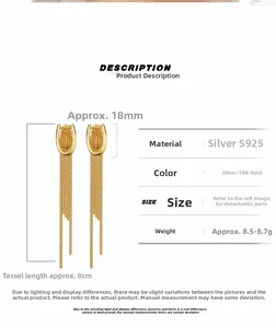 Detailed size and material specs for S925 silver long tassel earrings with 18K gold finish