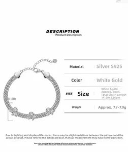 Detail view of S925 sterling silver bracelet with white agate and cubic zirconia specs