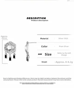 Detailed view of S925 silver hexagram stud earrings with black tassel charms and size mark