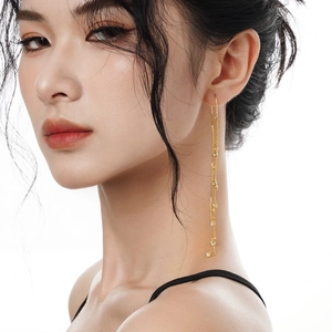 Elegant S925 silver gold-plated long tassel drop earrings with sparkling zircon stones
