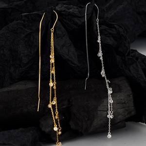 Elegant S925 sterling silver tassel drop earrings in gold and silver finish with zircons