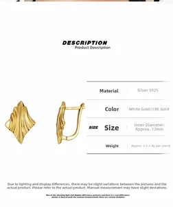 Detail view of wavy S925 silver hoop earrings with 18K gold plating and specifications