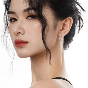 Minimalist S925 sterling silver long tassel drop earrings with sleek U-shape hoops